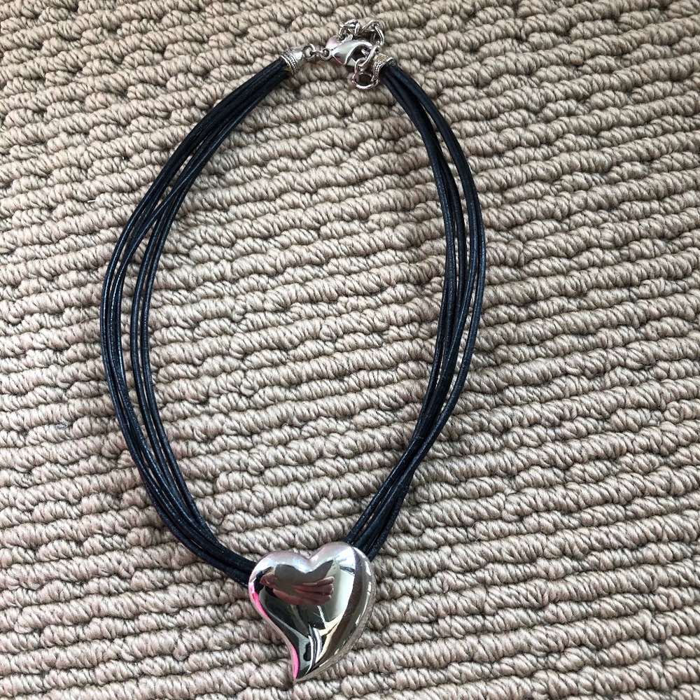 Black Leather Cord Choker with Silver Heart Slide